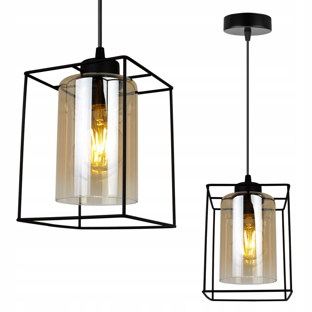 Elegante Hanglamp met Glazen Kap - Zwart/Amber - E27
