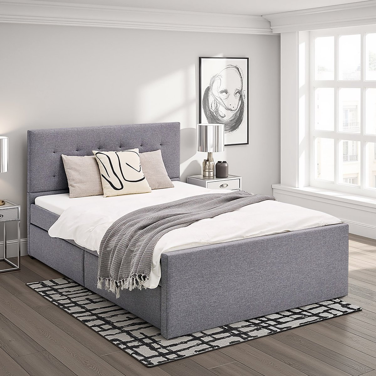 Homestyle4u Tweepersoonsbed - 140x200 cm - Gestoffeerd bed - met 2 bedbakken - Grijs