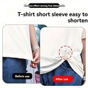 Voordat en nadat: T-shirt wordt opgerold en vastgezet met een clip, waardoor het korter lijkt.