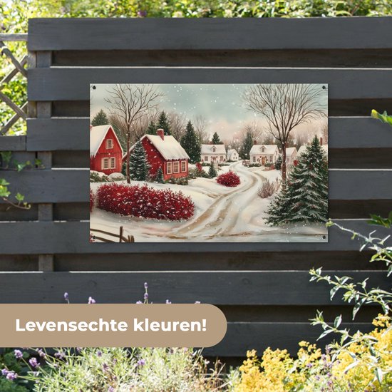 Tuinposter 120x80 cm - Tuindecoratie Kerstsfeer - Landelijk - Rood - Poster voor in de tuin - Buiten decoratie - Schutting tuinschilderij - Tuindoek muurdecoratie - Wanddecoratie balkondoek