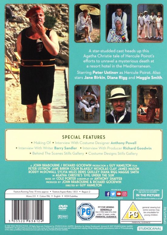 De achterkant van de dvd-hoes voor 'Evil Under The Sun'. Bevat een castfoto van Peter Ustinov in badkleding, en een illustratie van een villa aan zee.