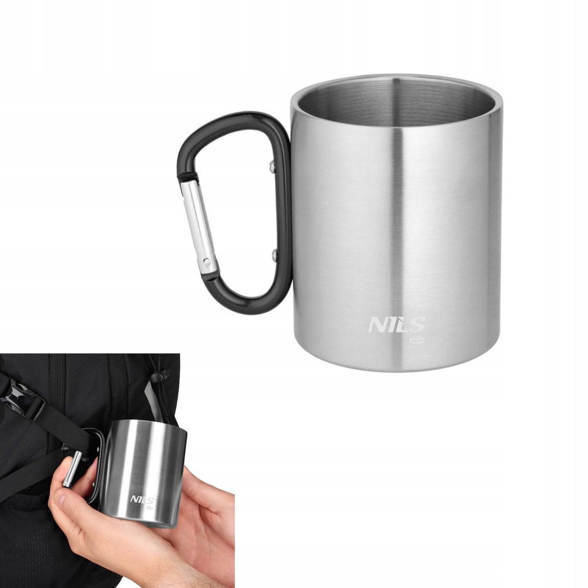 Nils Camp Stalen Outdoor Mok met Karabijnhaak 300ml Zwart