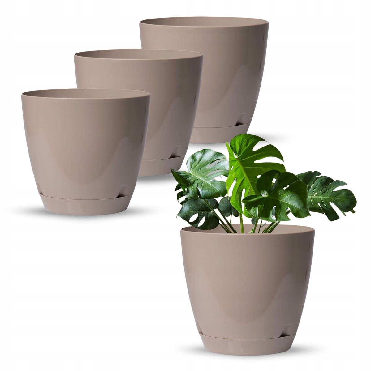 3x Beige Kunststof Bloempot met Schotel 18 cm