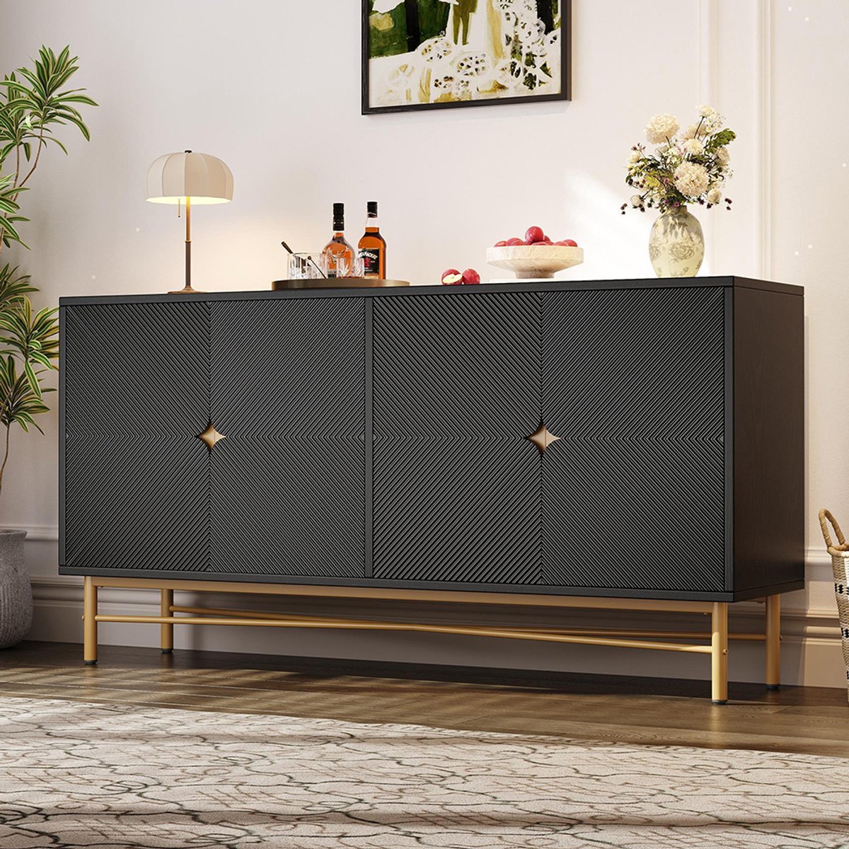 KOMHTOM BLACKCOLORS - Buffetkast met reliëfstructuur - 160 cm - 4 deuren - Geborstelde gouden handgrepen - Glanzende tafelpoten - Zwart