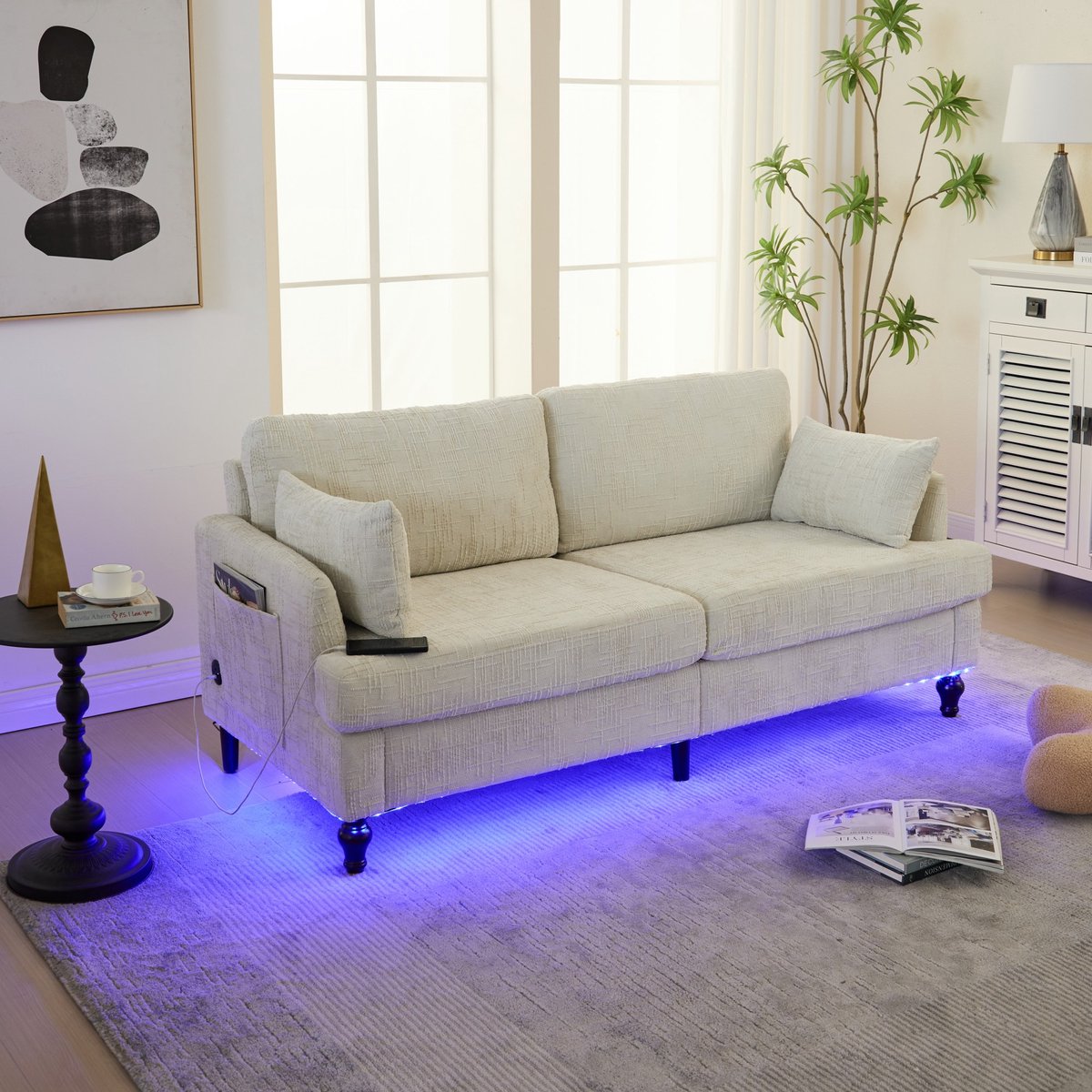 PHOEBE CAT Bank - LED-verlichting - Chenille stof - Houten poten - USB-oplaadpoort - Beige