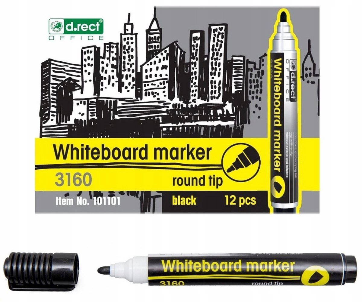 12x Zwarte Whiteboard Markers, D.RECT, 1-3mm Lijn