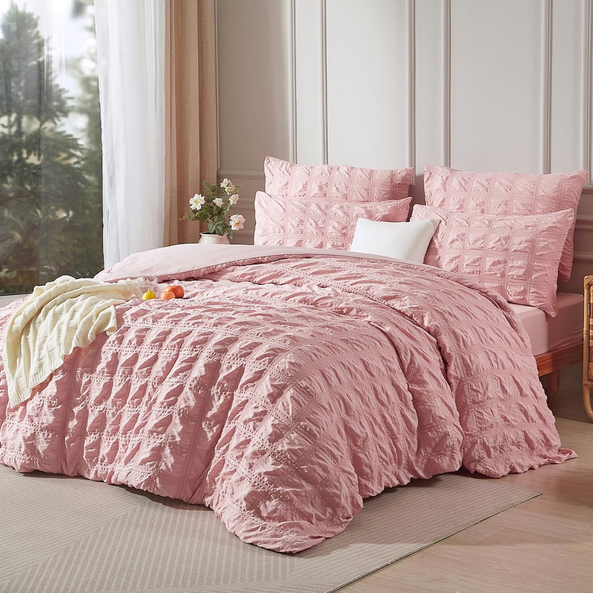 Unyqoos Ademende Seersucker Beddengoedset voor Zomerslaapcomfort in Roze Tint