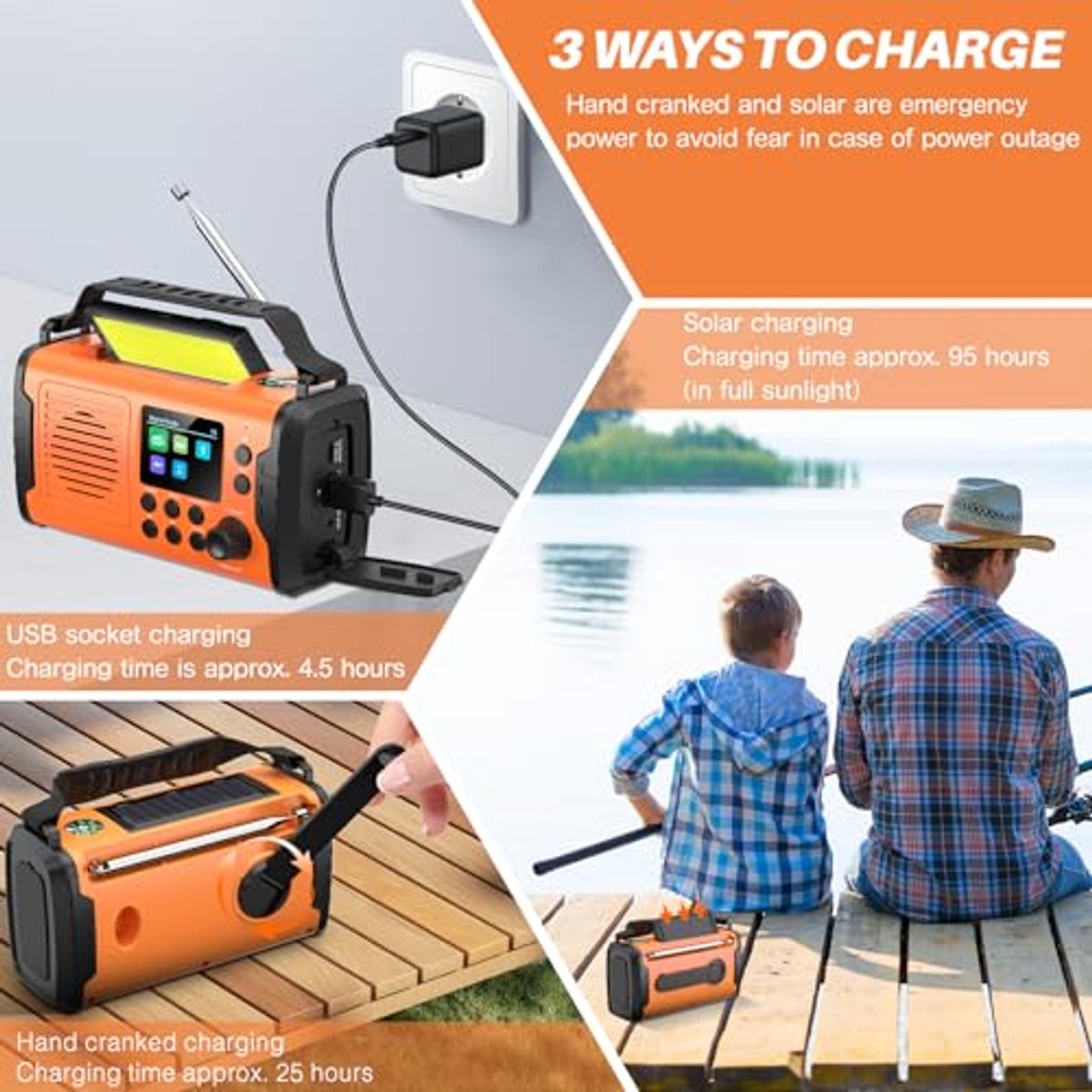 20000 mAh Noodradio DAB FM, Wind Up Radio Emergency Bluetooth Met