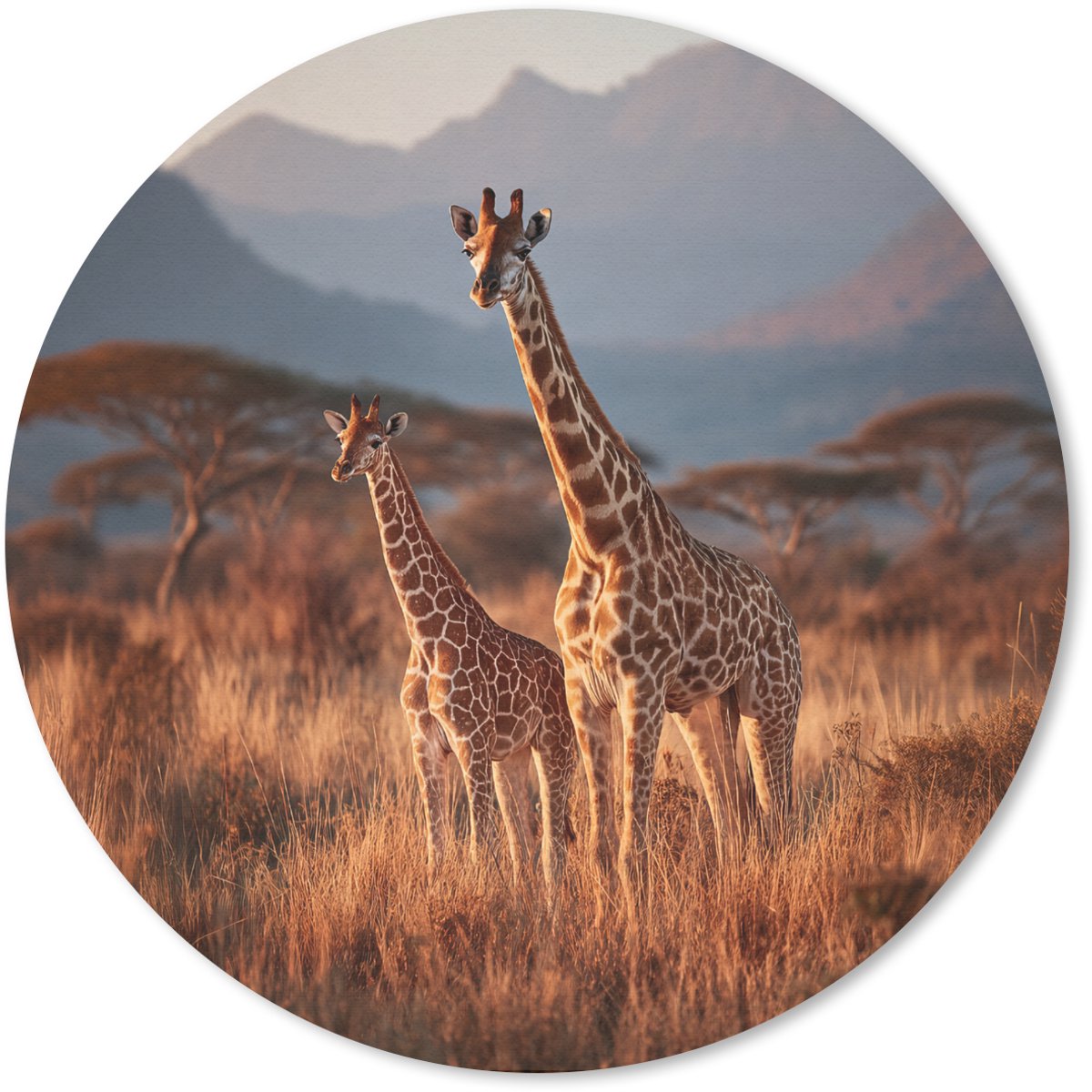 Muismat rond 40x40 cm - Mousepad Giraffen - Hoog gras - Acaciabomen - Ronde muismatten