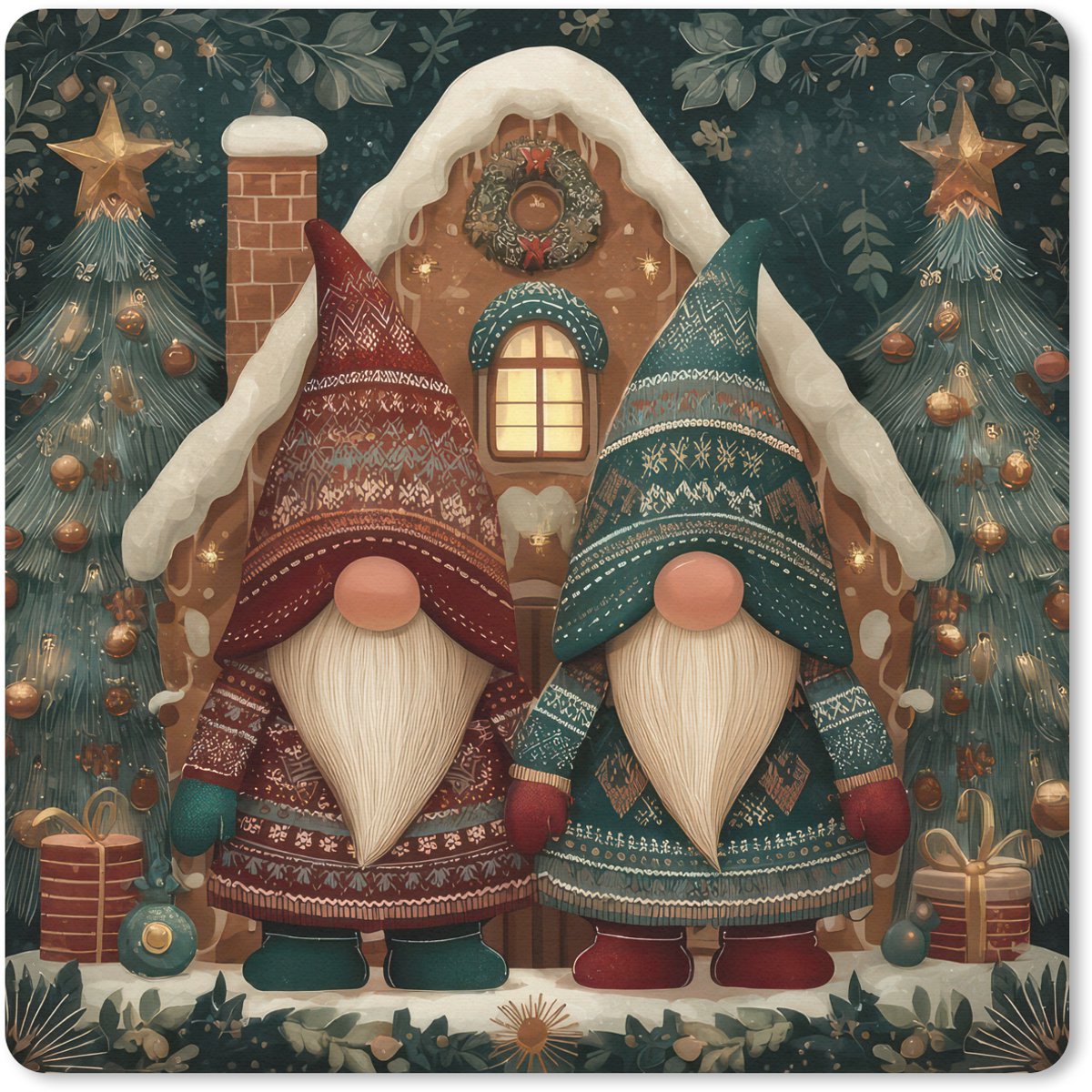 Muismat 30x30 cm - Mousepad Kerst - Gnomen - Peperkoekhuisje - Rood - Groen - Muismatten