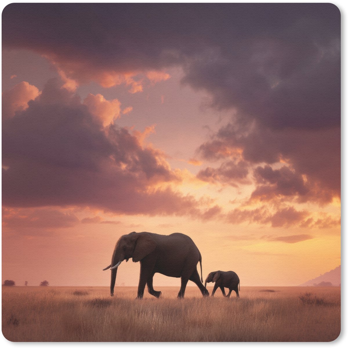 Muismat 30x30 cm - Mousepad Olifanten - Grasland - Zonsondergang - Muismatten