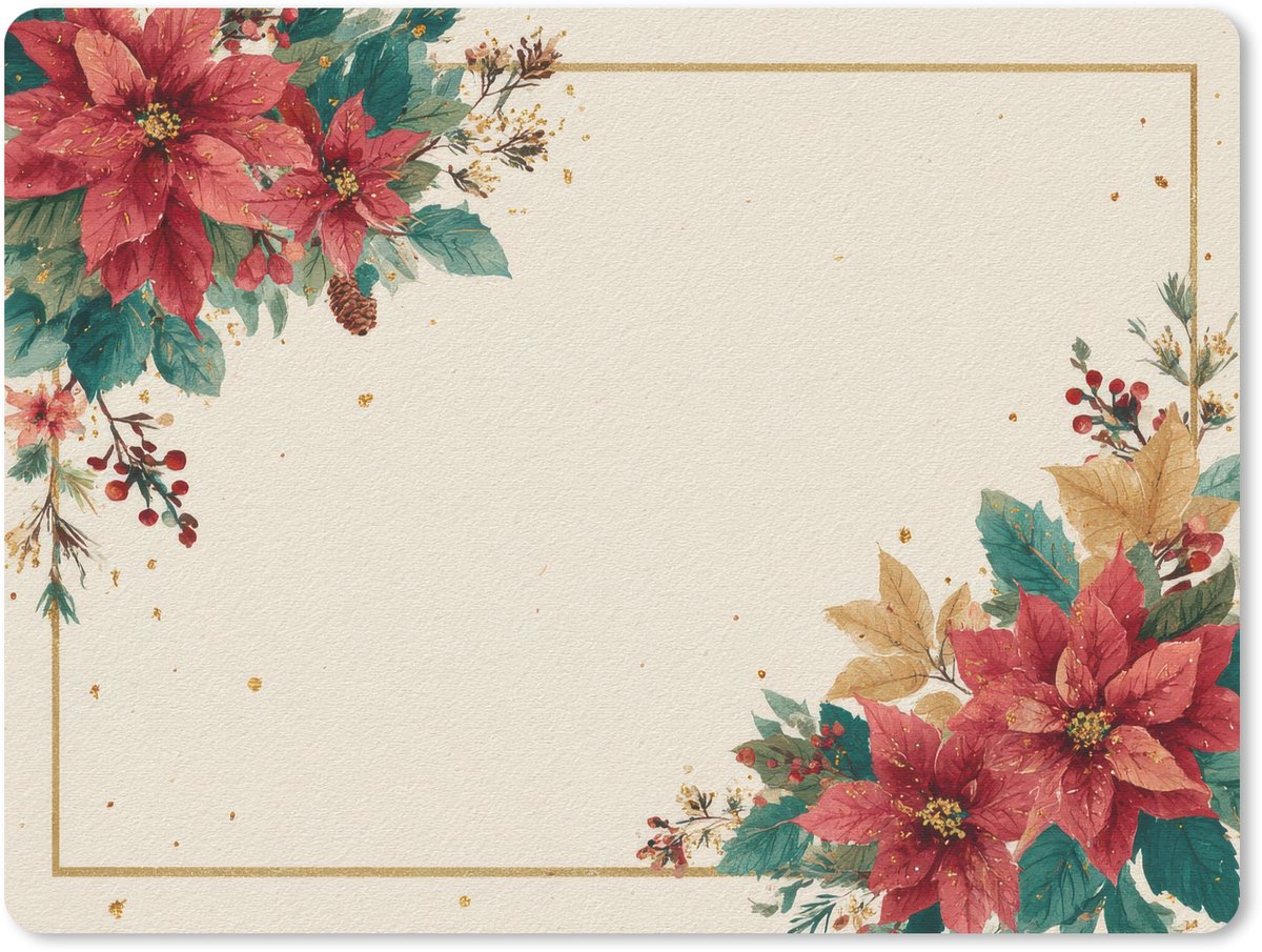 Muismat 23x19 cm - Mousepad Kerst - Poinsettia - Omlijsting - Kleurrijk - Muismatten