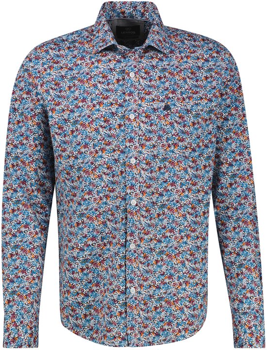 Heren overhemd met een all-over bloemenprint in blauw, rood en geel. Met kraag en knoopsluiting. Katoen.