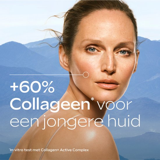 Close-up van vrouwengezicht met bergen op achtergrond. Tekst over +60% collageen voor een jongere huid.