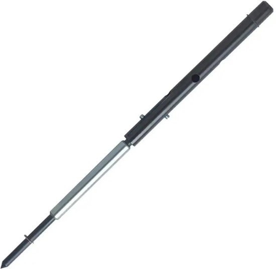 Zwarte centreerpen met een metalen punt en meerdere gaten in de schacht.