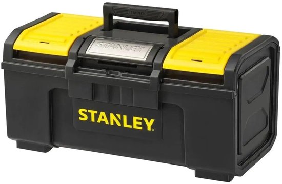 Zwarte Stanley gereedschapskoffer met gele deksels en handvat, gesloten.