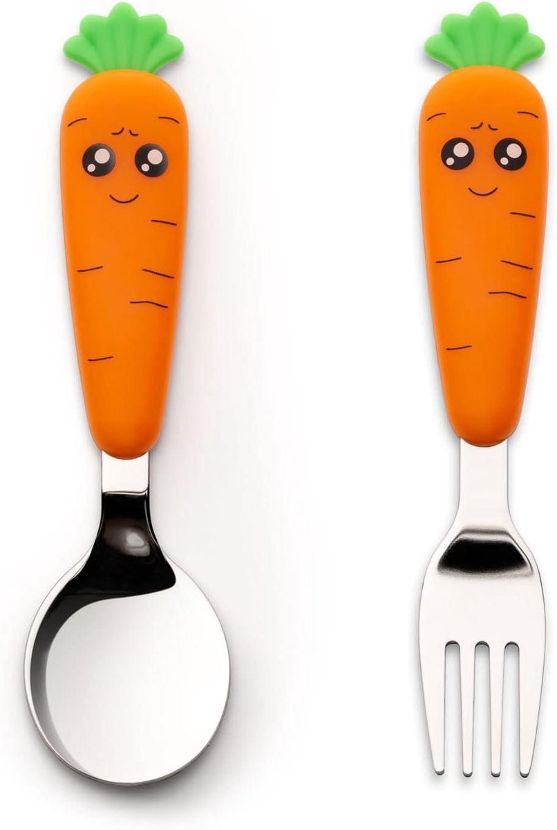 Image of 2-delige babyvork en lepel set voor babyvoeding na 18 maanden - stimuleert eetlust en plezier - geschikt voor wortelen