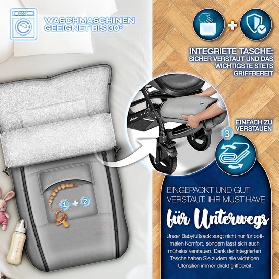PromoHome Wintervoetenzak voor Kinderwagen en Buggy - Wasbare Babyvoetenzak met Ritssluiting en Tas - Extra Dik Gevoerd Waterafstotend Materiaal - Anti-Slip Onderkant - Universeel Toepasbaar - Grijs van Merkloos — afbeelding 5