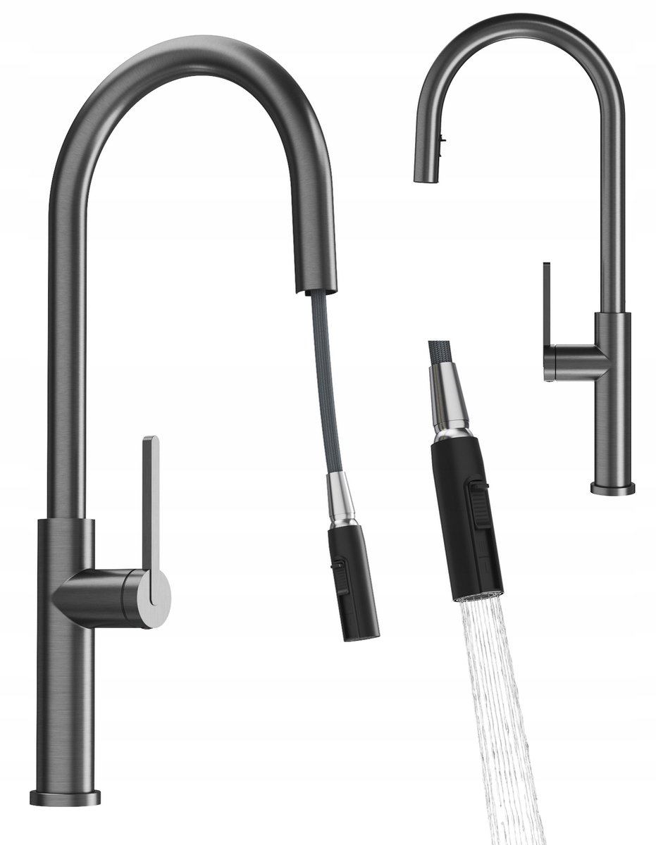 Keukenmengkraan met uittrekbare spuit, Gun Grey, 2 functies