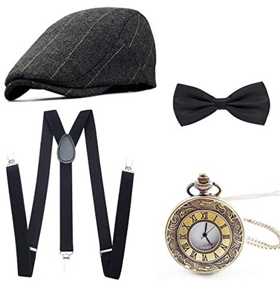 Jaren '20 Kostuumaccessoires voor Heren Inclusief Vintage Hoed, Bretels, Vlinderdas en Zakhorloge