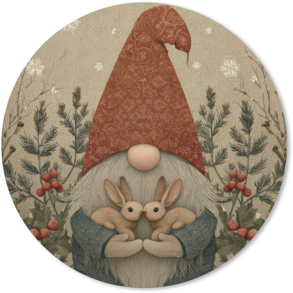 Muismat rond 40x40 cm - Mousepad Kerstgnome - Konijntjes - Kleurrijk - Ronde muismatten