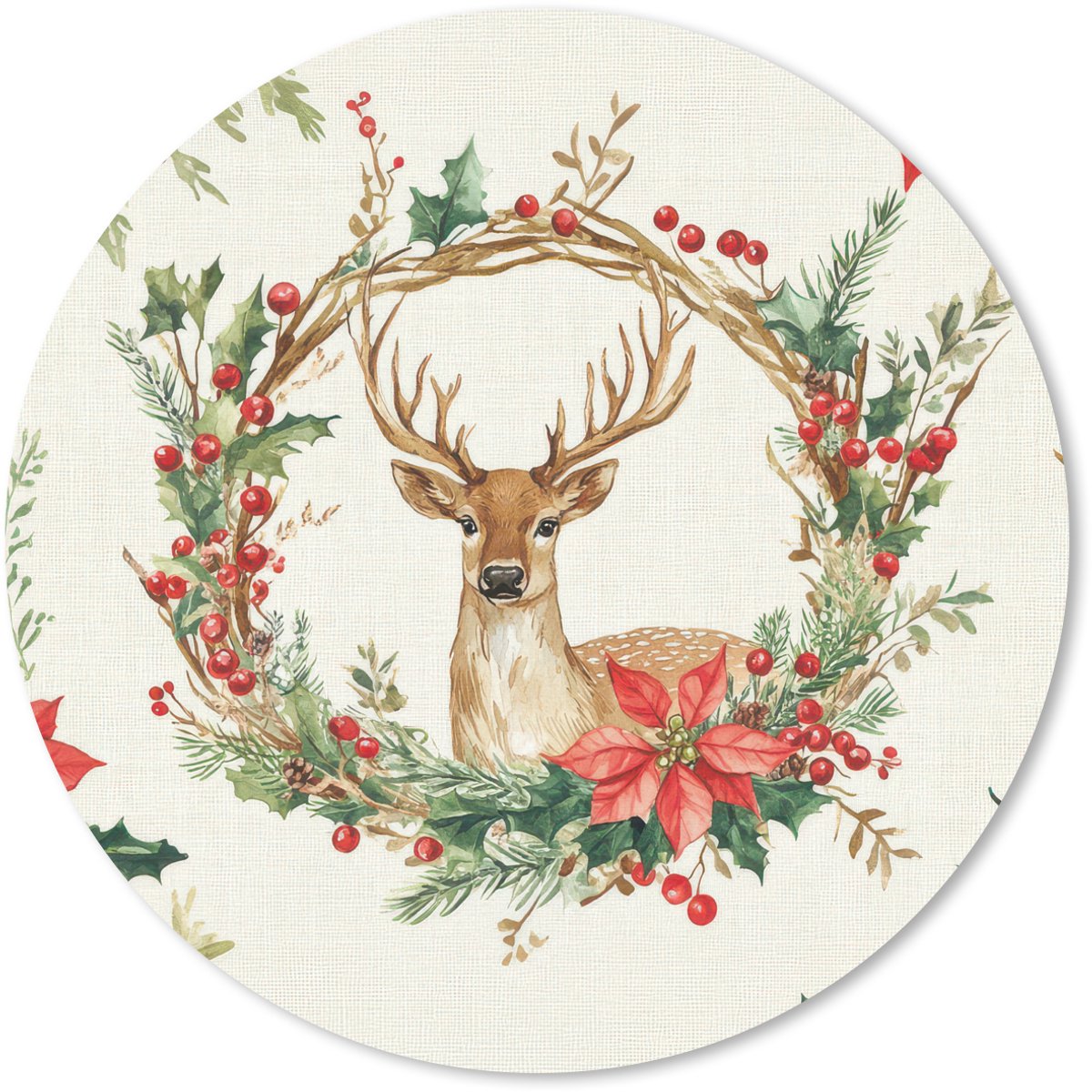 Muismat rond 50x50 cm - Mousepad Kerstkrans - Hert - Hulst - Rood - Ronde muismatten
