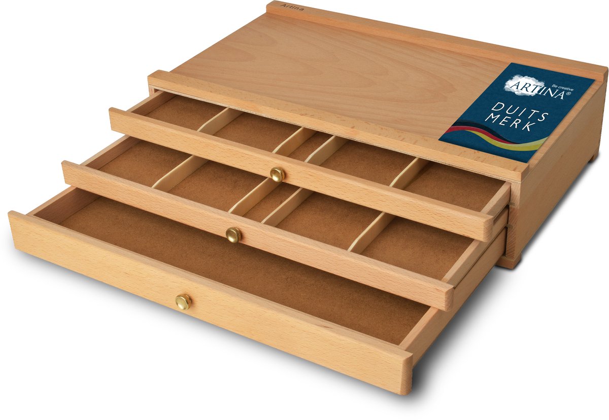 Artina Schilderkoffer met 3 laden 41x26x11 cm (leeg) - Tafelezel en Opbergkoffer - Schildersezel en Kist gemaakt van beukenhout - ideaal voor het opbergen van schilderbenodigdheden - Troyes