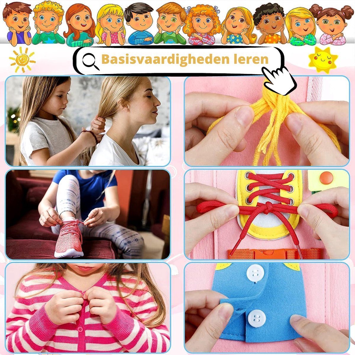 WoodyDoody Motoriek Mappen 2 Stuks Combinatie Voordeel Set Jongen en Meisje - Busy Board - Montessori Speelgoed Leren Veter Strikken - Educatieve Puzzel 3 jaar - Activiteitenbord - 26 Vaardigheden - Sensorisch Speelgoed - Educatief Spel — afbeelding 8