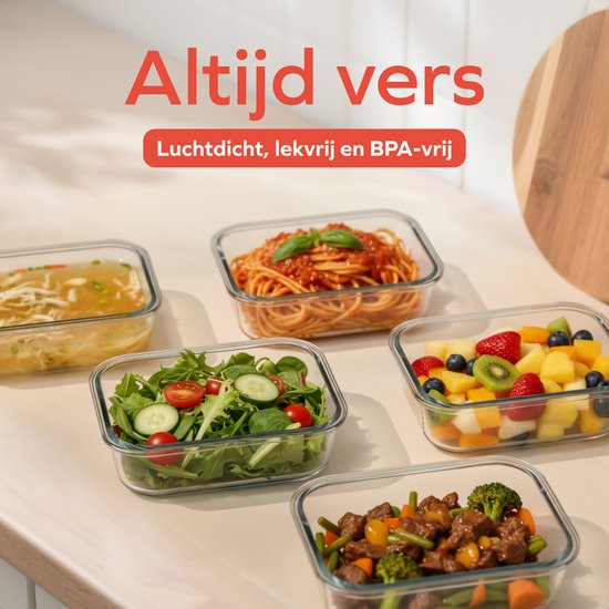 Vijf glazen bewaarbakjes gevuld met soep, spaghetti, salade, fruitsalade en stoofvlees.
