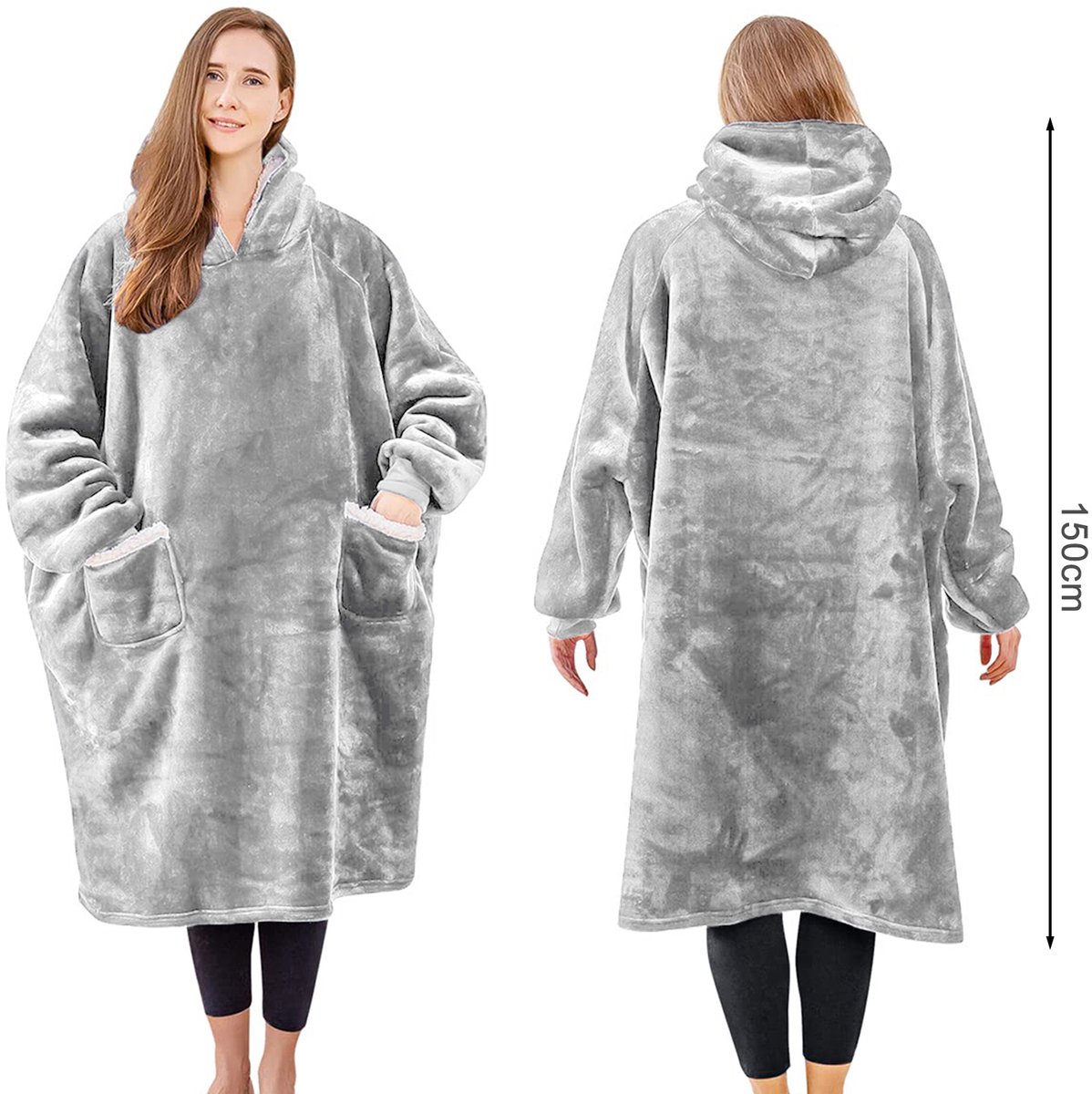CALIYO Fleece Deken - Hoodie Deken - Blanket met Mouwen en Capuchon – Dames & Heren - Sherpa Fleece – TV Deken - Bank Deken - 200 x 150cm - Grijs — cadeau in Wonen & Interieur - foto 7