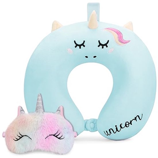 Reis Kussen voor Peuters met Oogmasker - Schattig Hoofdkussen voor Kinderen - Unicorne Geheugen Schuim Kussen voor Auto en Vliegtuig