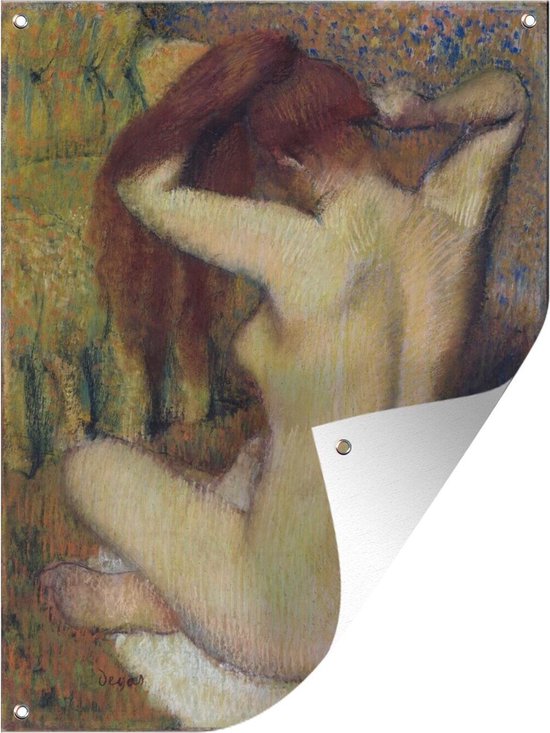 Tuinschilderij Woman Combing Her Hair - Schilderij van Edgar Degas - 60x80 cm - Tuinposter - Tuindoek - Buitenposter