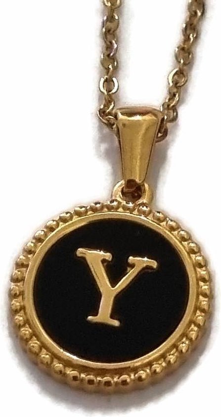Aramat jewels -ketting-letter y- chirurgisch staal - zwart - goudkleurig-45cm - dames- rond
