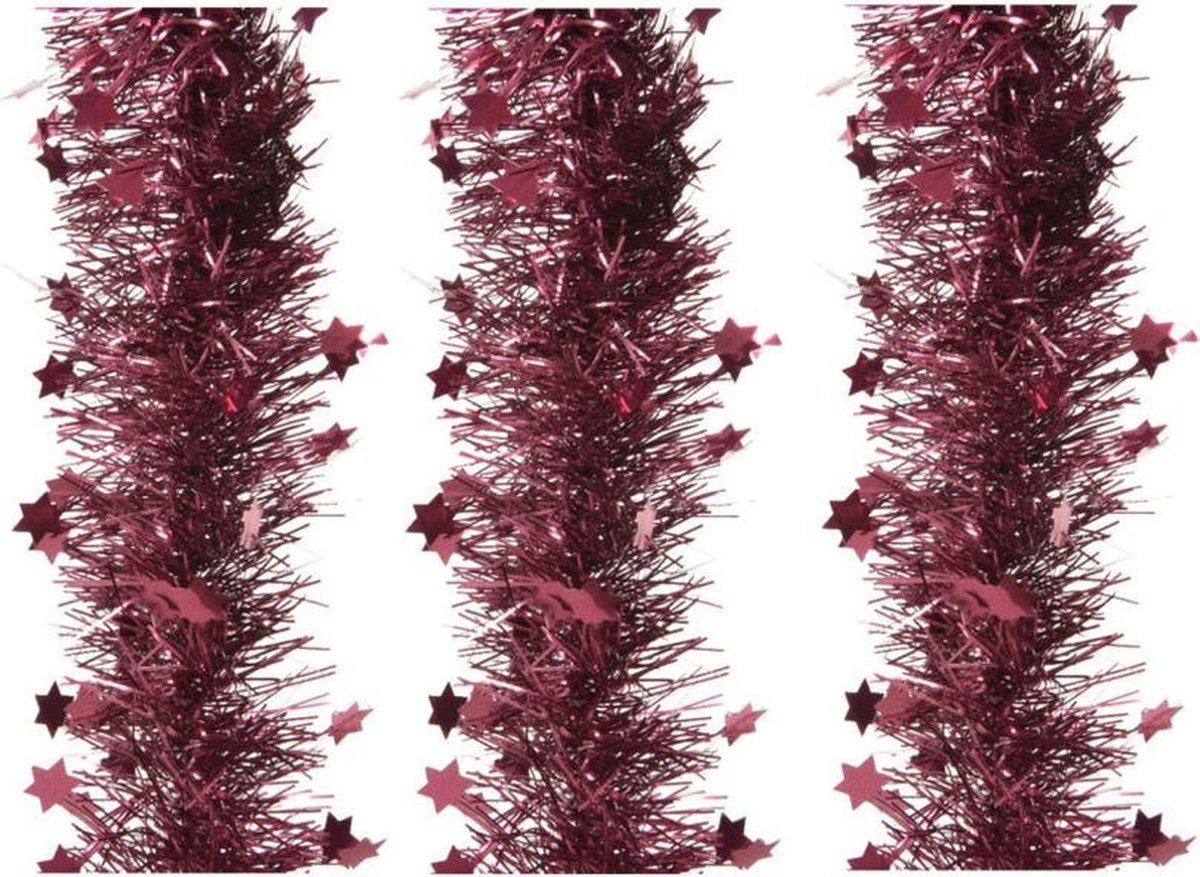 3x stuks lametta/folie sterren slingers framboos roze (magnolia) 10 cm x 270 cm - kerstslingers/kerst guirlandes