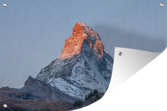 Tuinposter 120x80 cm - Tuindecoratie De Matterhorn in Zwitserland bij zonsopkomst - Poster voor in de tuin - Buiten decoratie - Schutting tuinschilderij - Tuindoek muurdecoratie - Wanddecoratie balkondoek