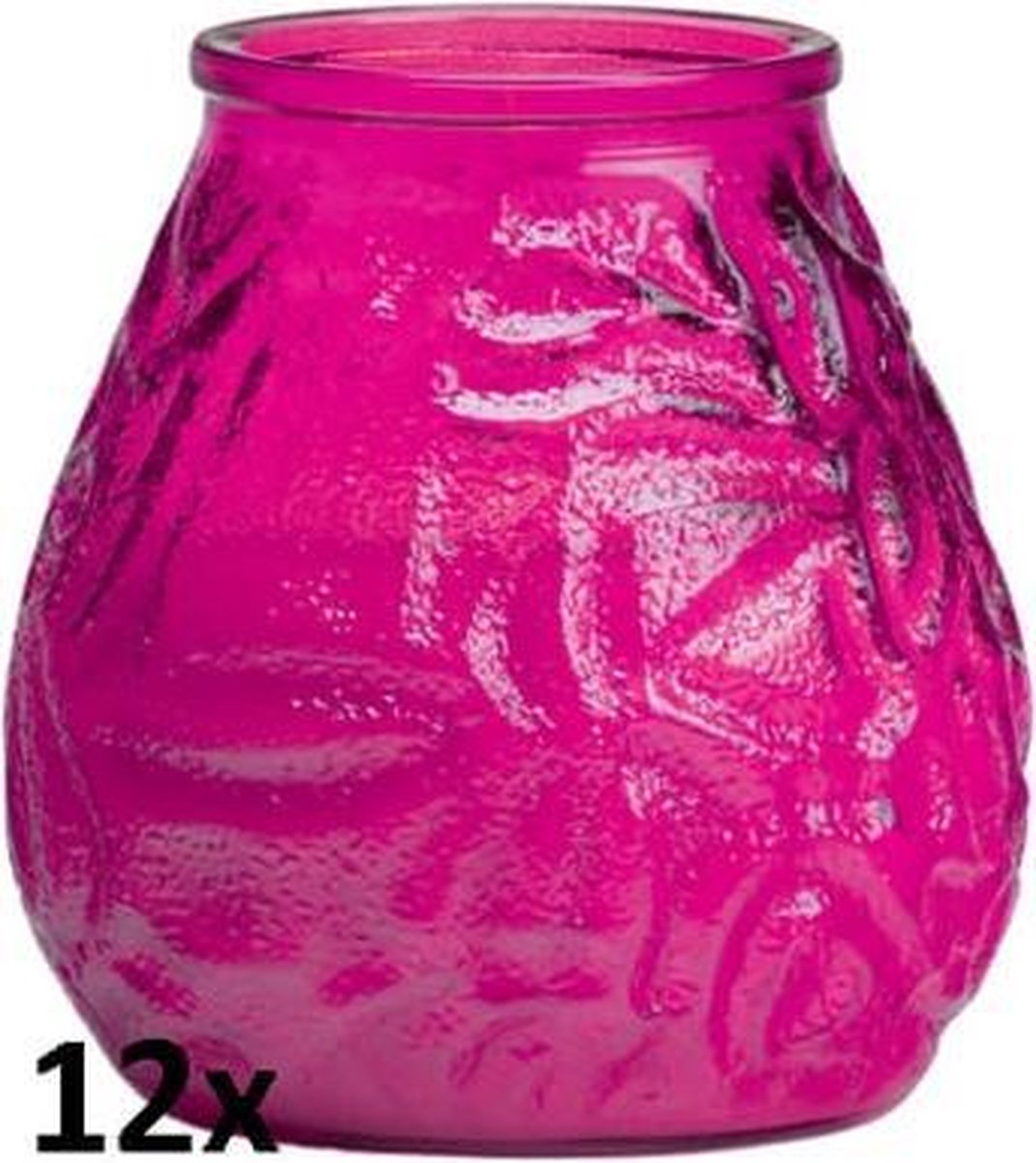 12 stuks low boys fuchsia glazen terras- tuinkaarsen 100/100 (70 uur)