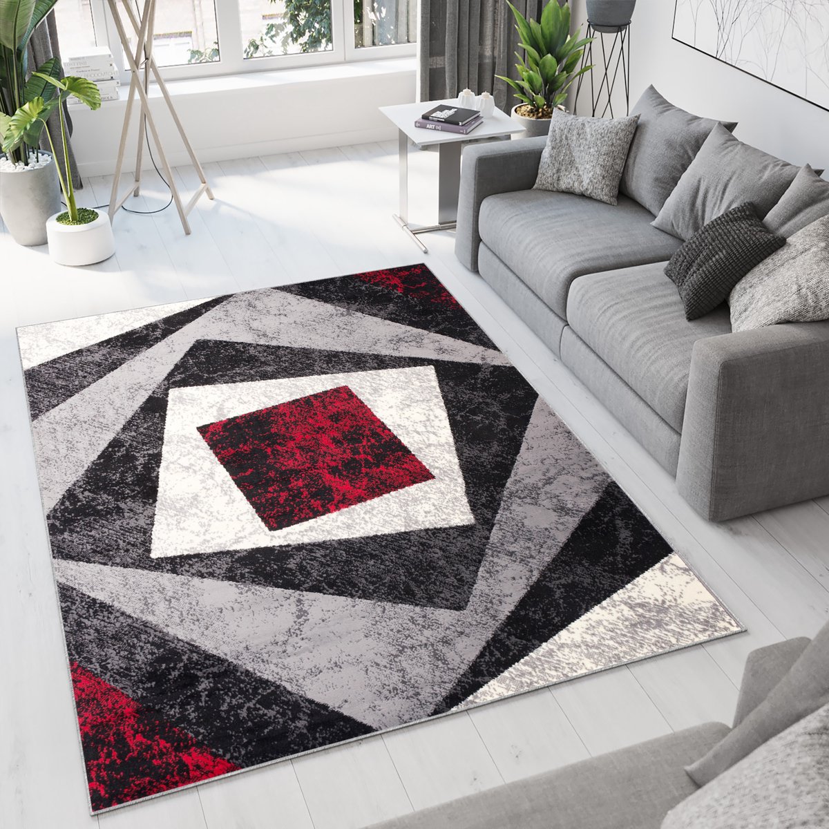 Tapiso Dream Vloerkleed Grijs Rood Modern Geometrisch Woonkamer Tapijt Maat- 200x300