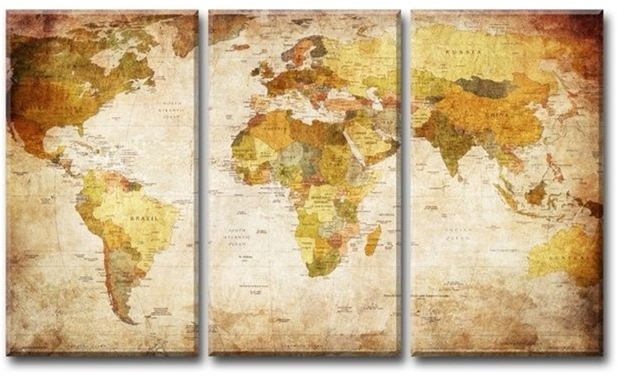 Canvas Schilderijen (Wanddecoratie woonkamer / slaapkamer) - Schilderij De Wereld Kaart - 160 x 90 cm 3-Luik