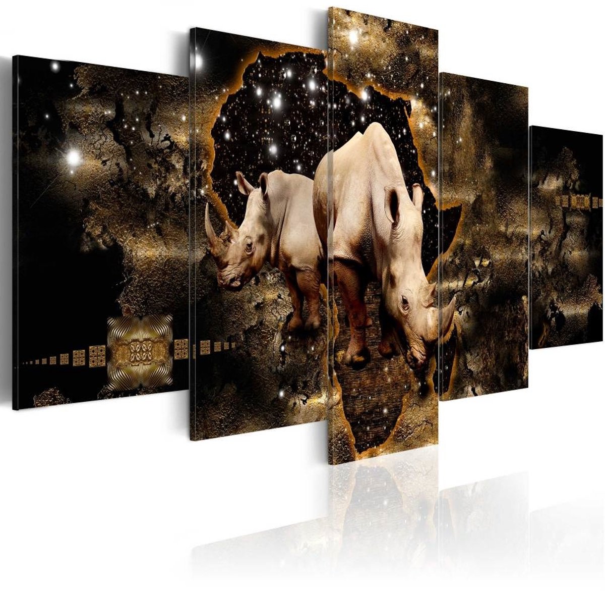 Schilderij - Gouden neushoorn, 5 luik