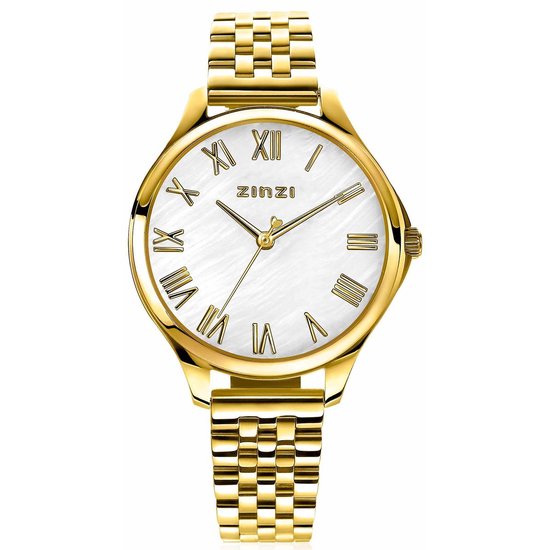 ZINZI horloge JULIA 34mm wit parelmoer wijzerplaat romeinse cijfers  goudkleurige... | bol