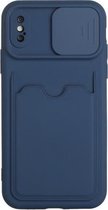 Sliding Camera Cover Design TPU-beschermhoes met kaartsleuf voor iPhone XS / X (donkerblauw)