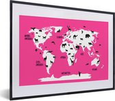 Wereldkaart Kinderen - Dieren - Roze - Schoolplaat - Kinderkamer - 40x30 cm