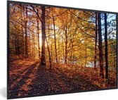 Affiche avec cadre Soleil d'automne - Le soleil d'automne brille sur les feuilles d'une forêt - cadre photo noir - 90x60 cm - Affiche avec cadre