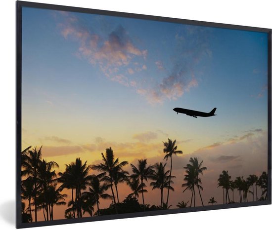 Fotolijst incl. Poster - Silhouet van een vliegtuig boven de palmen - 60x40 cm - Posterlijst