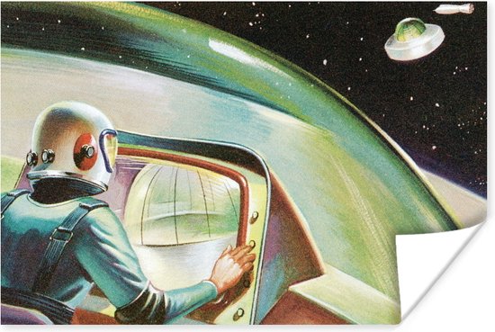 Poster Een kleurrijke illustratie van een UFO in de ruimte - Jongens - Meisjes - Kinderen - Kind - 30x20 cm
