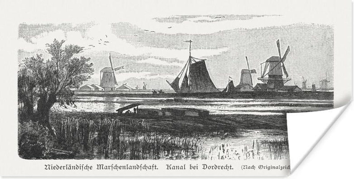 Poster Een zwart-wit tekening van een moerasland nabij Dordrecht - 40x20 cm - PosterMonkey