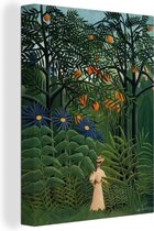 Canvas schilderij 120x160 cm - Wanddecoratie Vrouw loopt in een exotisch bos - schilderij van Henri Rousseau - Muurdecoratie woonkamer - Slaapkamer decoratie - Kamer accessoires - Schilderijen