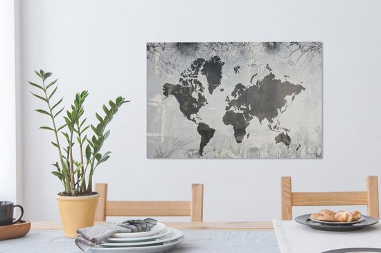 Wereldkaart avec motif béton gris foncé décorée d'illustrations de fleurs 90x60 cm