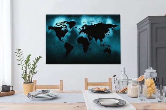 Carte du monde noire sur fond sombre en bleu 120x80 cm