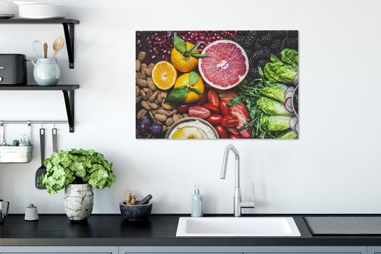 Divers fruits étalés sur une toile de table 2cm 60x40 cm - Tirage photo sur toile (Décoration murale salon / chambre)